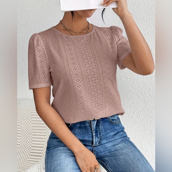 Passion of Essence Tops - Passion Eyelet Crew Neck T-shirt, Casual  Slim Top